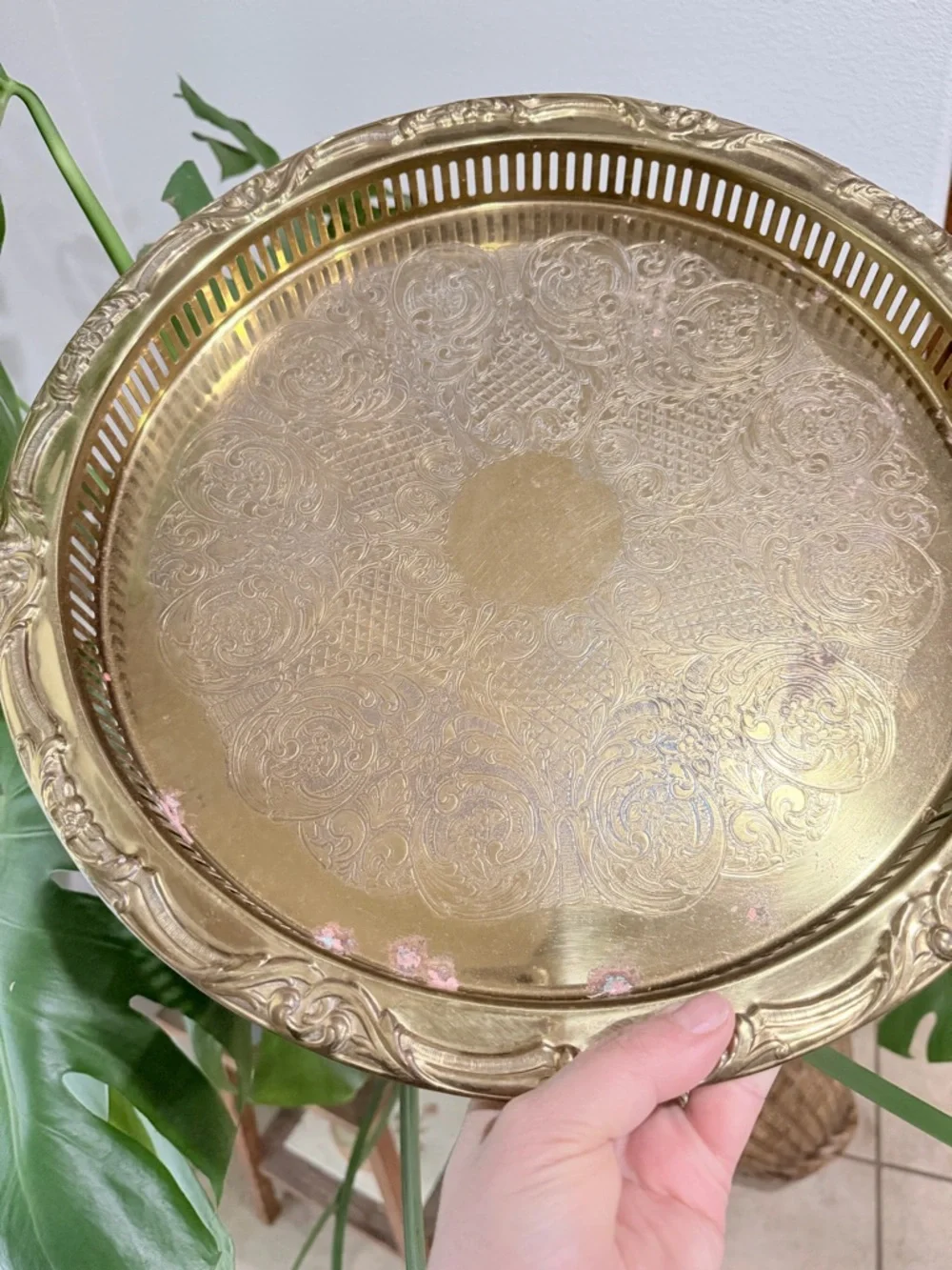 Vintage Gold Tone Serving Tray Ornate Etched Round Gallery Edge 14”